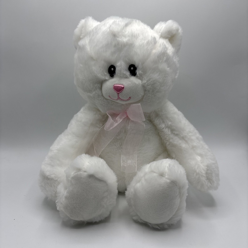 The Petting Zoo SOFT WHITE KITTEN CAT WITH PINK BOW 11" Plush Sitting